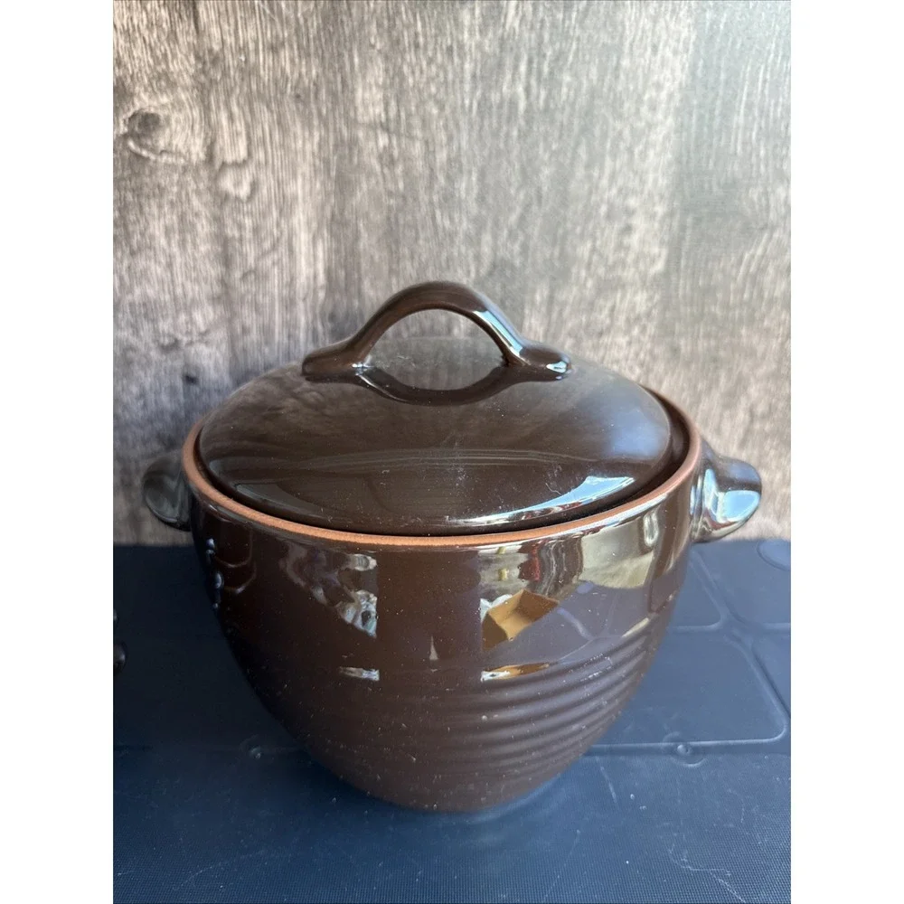 World Market Soup Crock Pot With Lid BowlsEarthenware Two Tone Brown Terra Cotta